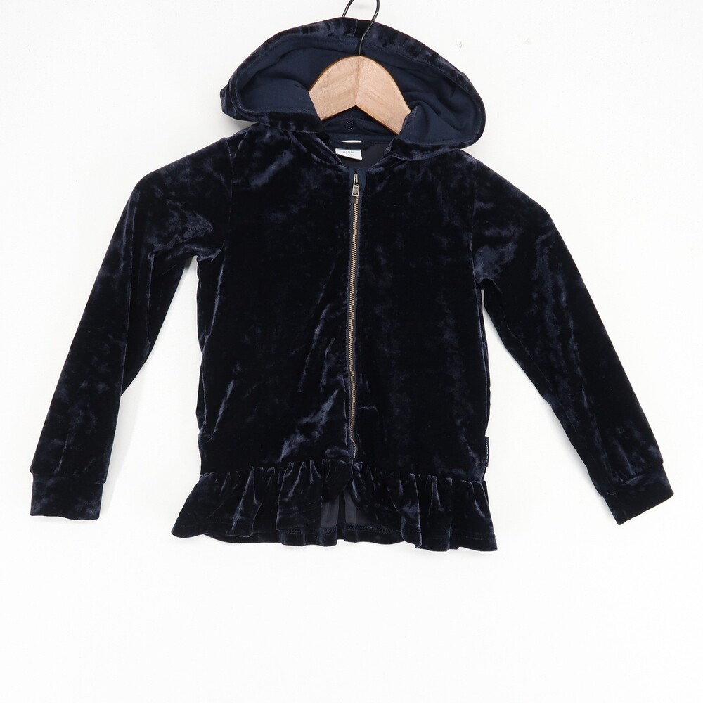 Polarn O. Pyret‎ Velvet Hoodie Swans Navy Blue Ruffle Girls Size 4-6